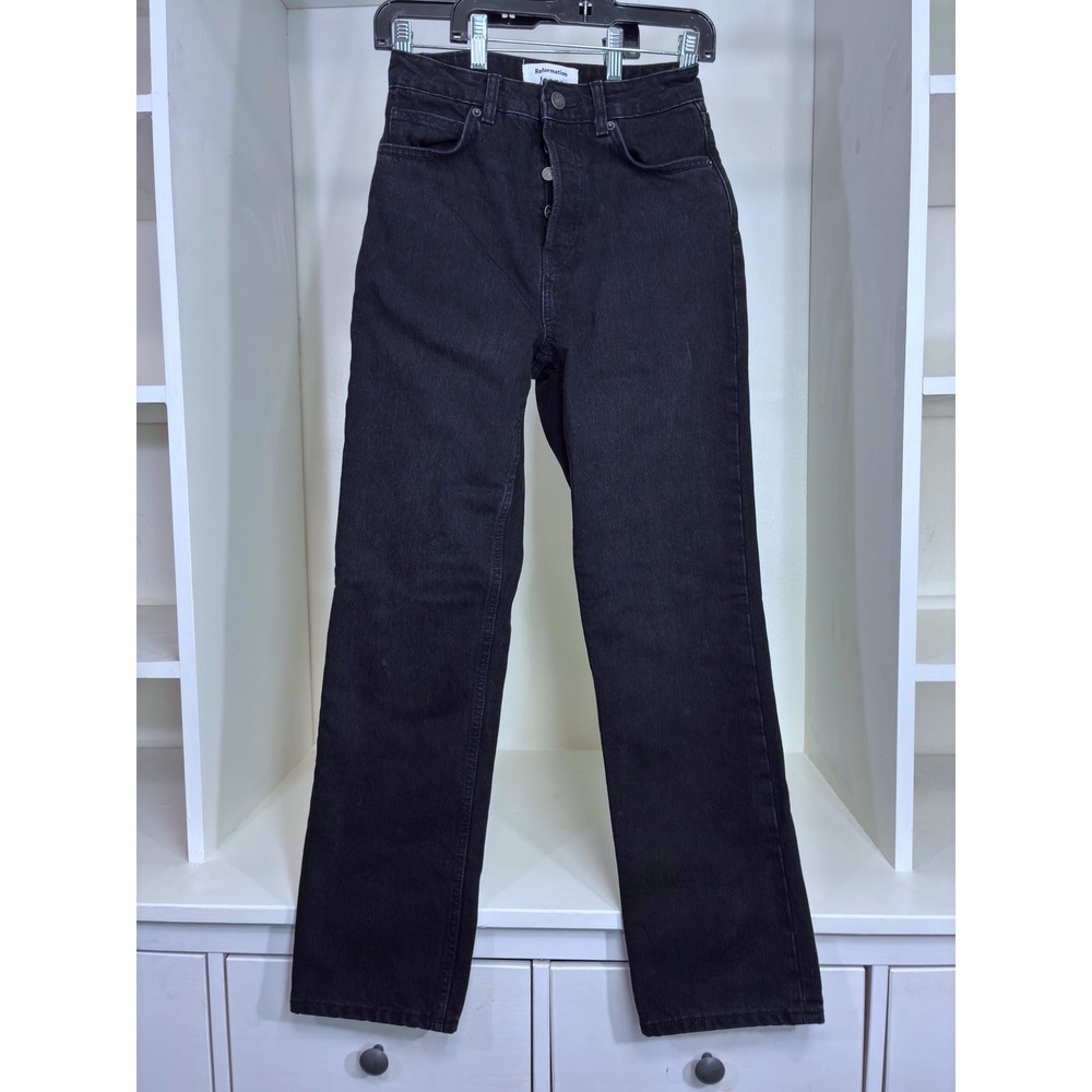 Reformation Cynthia High Rise Straight Jeans Black Denim‎ Button Fly 26